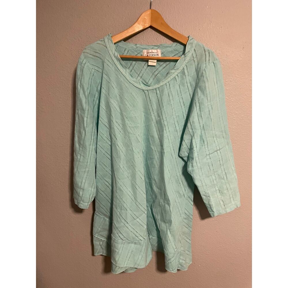 La Fixsun Womens Tunic Size Large Teal Linen 3/4 Sleeve Minimalist Lagenlook